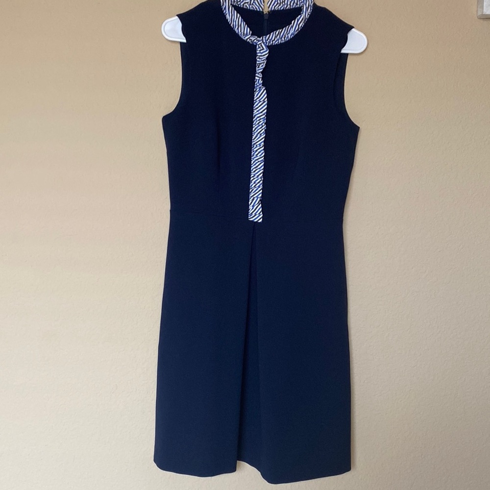 Eliza J Dress Size 6 Navy Zipper Back Ruffle Front Detail Perfect for Work